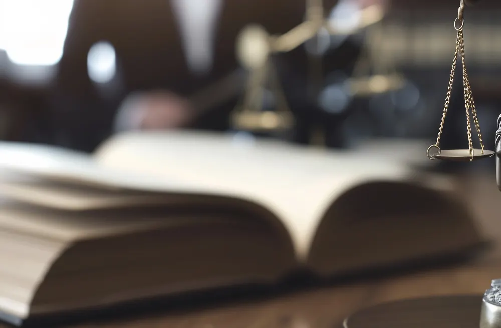 Libro de derecho abierto sobre un escritorio, con una balanza al fondo